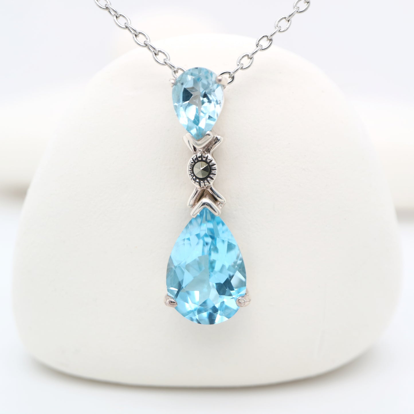 Art Deco Pendant Necklace in Blue Topaz, Marcasite and Sterling Silver