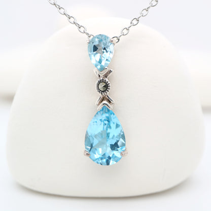 Art Deco Pendant Necklace in Blue Topaz, Marcasite and Sterling Silver