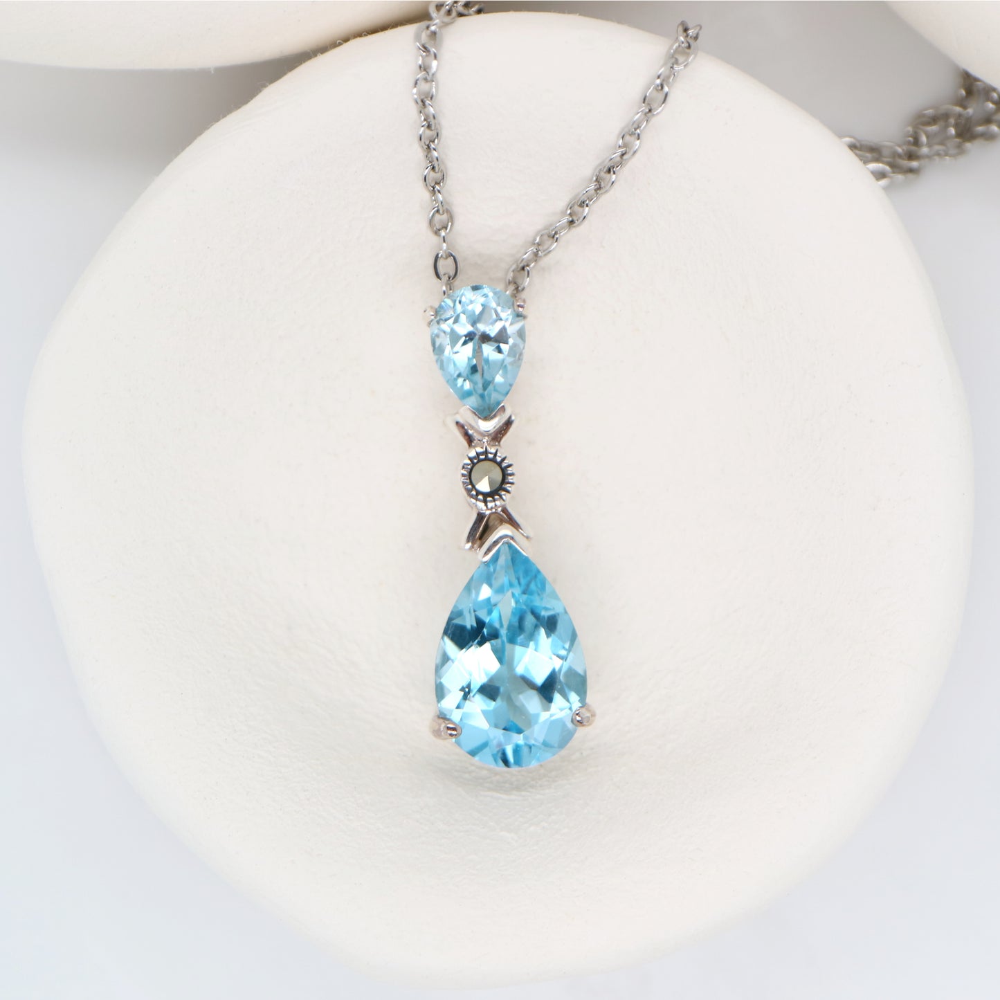 Art Deco Pendant Necklace in Blue Topaz, Marcasite and Sterling Silver