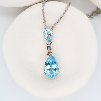 Art Deco Pendant Necklace in Blue Topaz, Marcasite and Sterling Silver