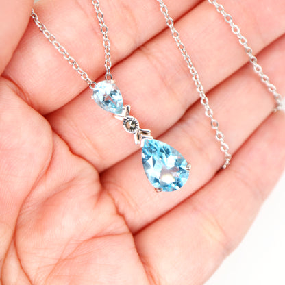 Art Deco Pendant Necklace in Blue Topaz, Marcasite and Sterling Silver