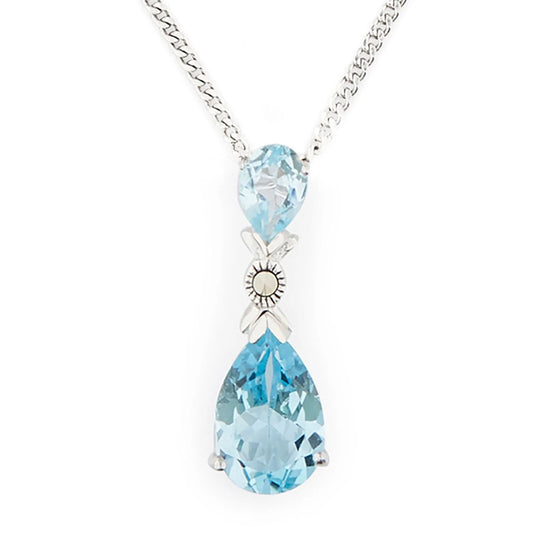 Art Deco Pendant Necklace in Blue Topaz, Marcasite and Sterling Silver