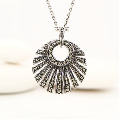 Art Deco Circular Fan Pendant with Marcasite in Silver