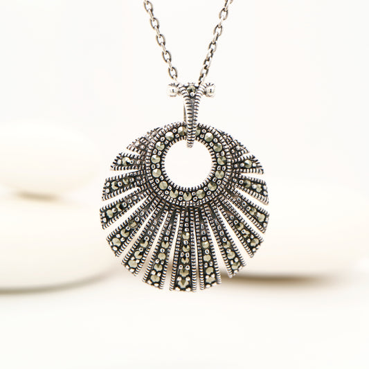 Art Deco Circular Fan Pendant with Marcasite in Silver