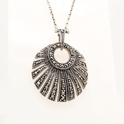 Art Deco Circular Fan Pendant with Marcasite in Silver