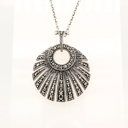 Art Deco Circular Fan Pendant with Marcasite in Silver