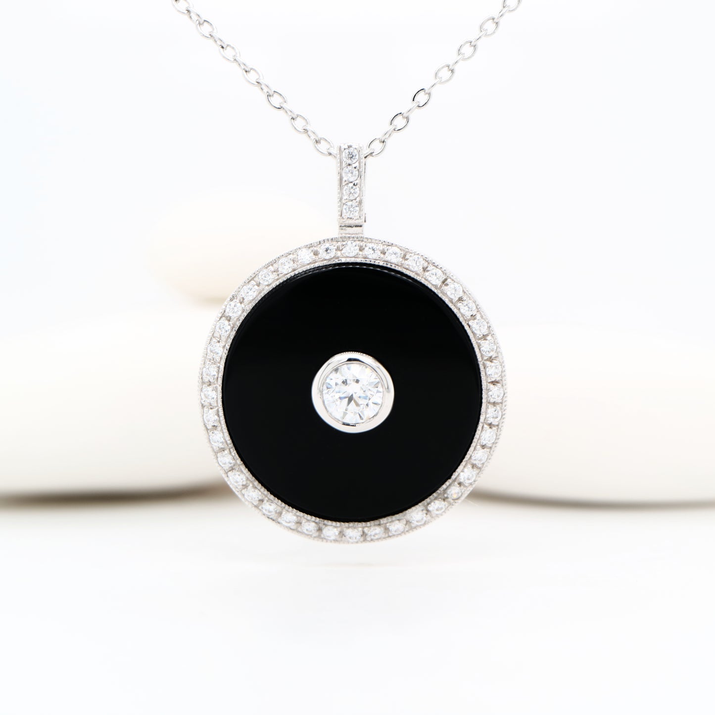 Vintage style pendant with CZ and onyx in Sterling Silver