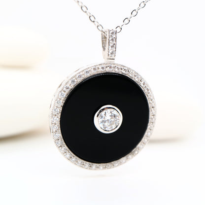 Vintage style pendant with CZ and onyx in Sterling Silver