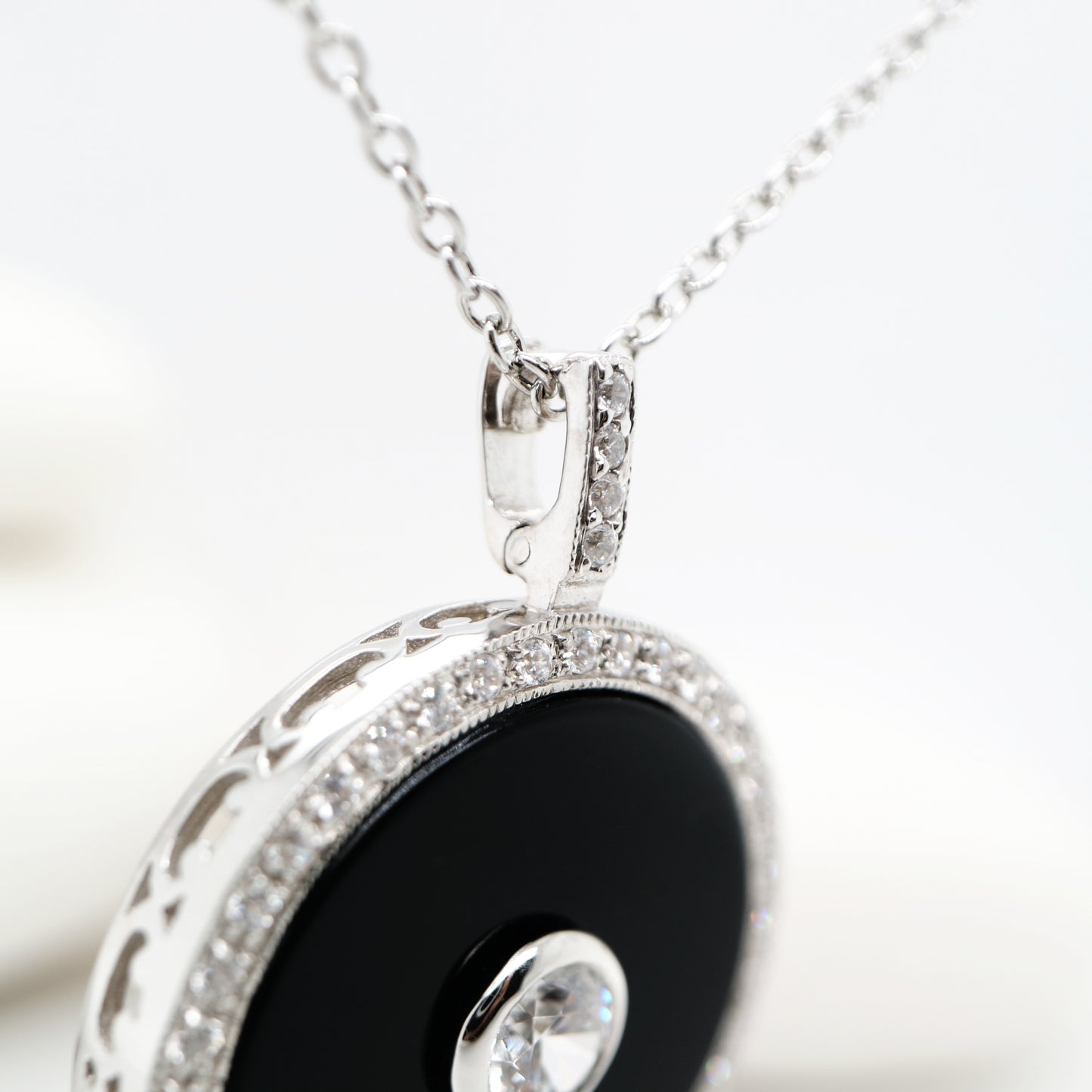 Vintage style pendant with CZ and onyx in Sterling Silver