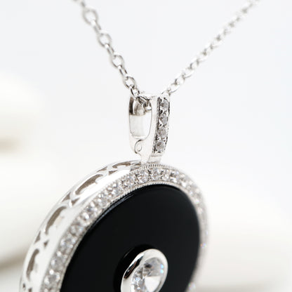 Vintage style pendant with CZ and onyx in Sterling Silver