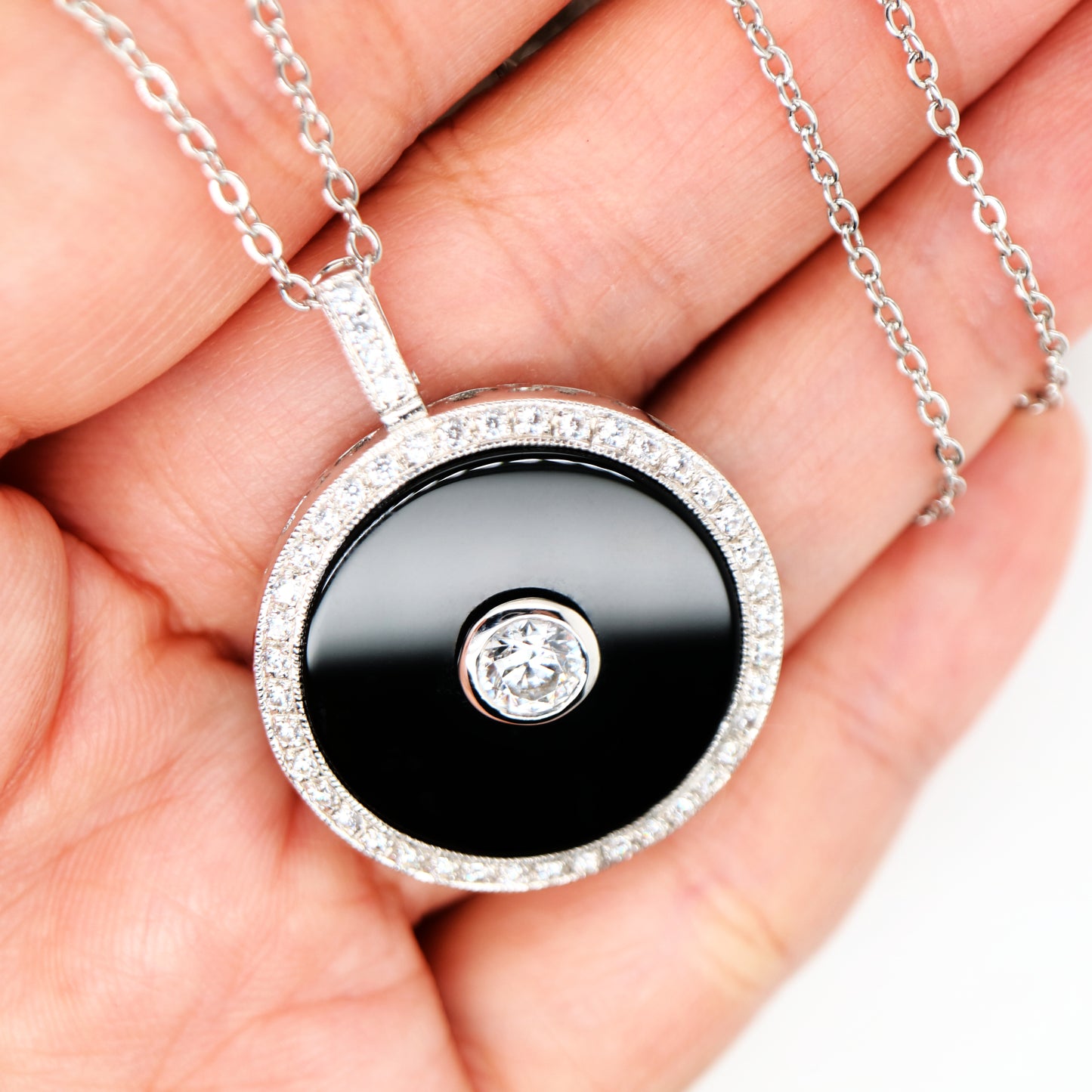 Vintage style pendant with CZ and onyx in Sterling Silver