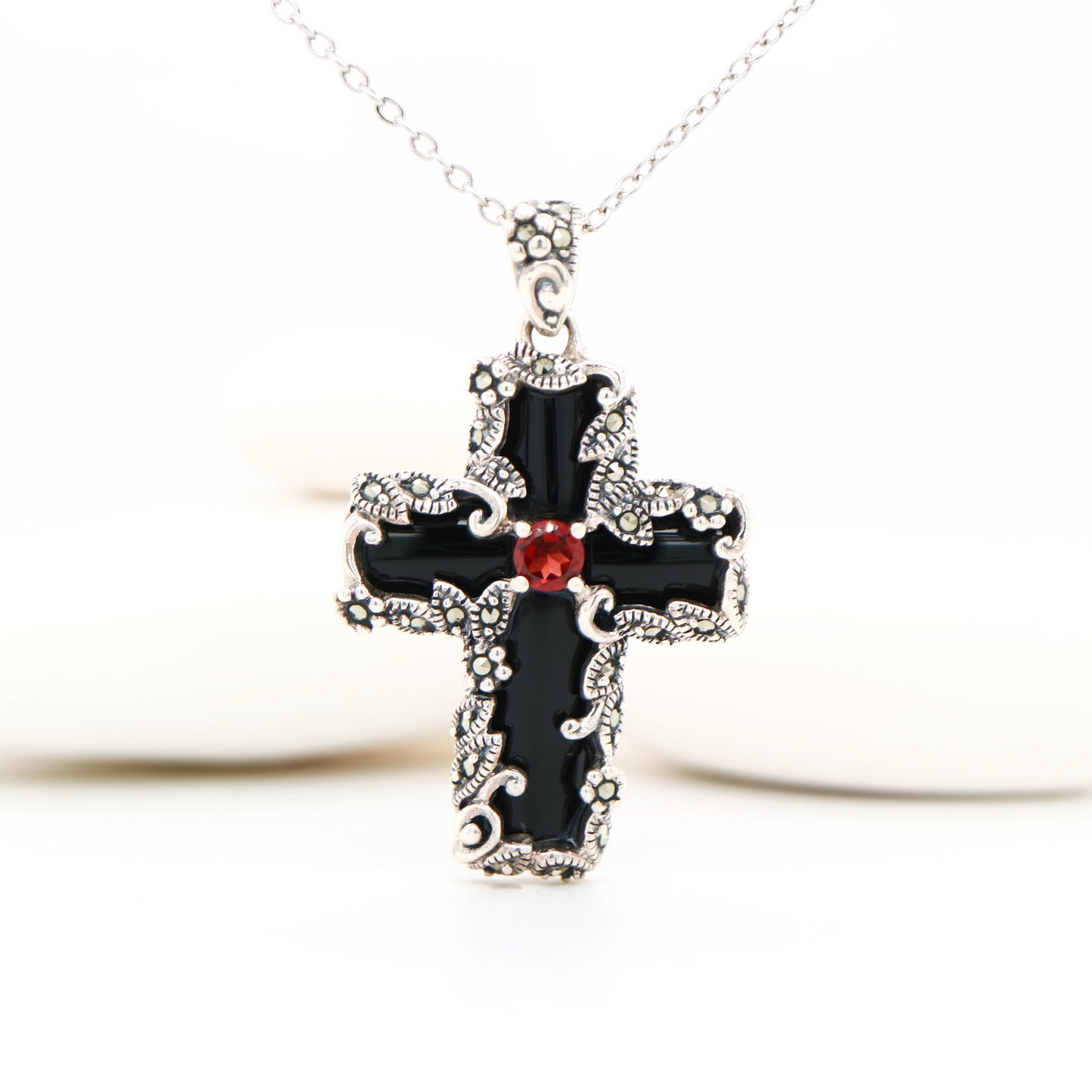 Gothic Cross Pendant in Onyx Marcasite Garnet and Sterling Silver