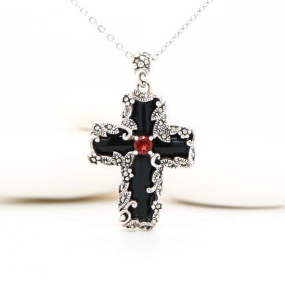 Gothic Cross Pendant in Onyx Marcasite Garnet and Sterling Silver