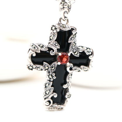 Gothic Cross Pendant in Onyx Marcasite Garnet and Sterling Silver
