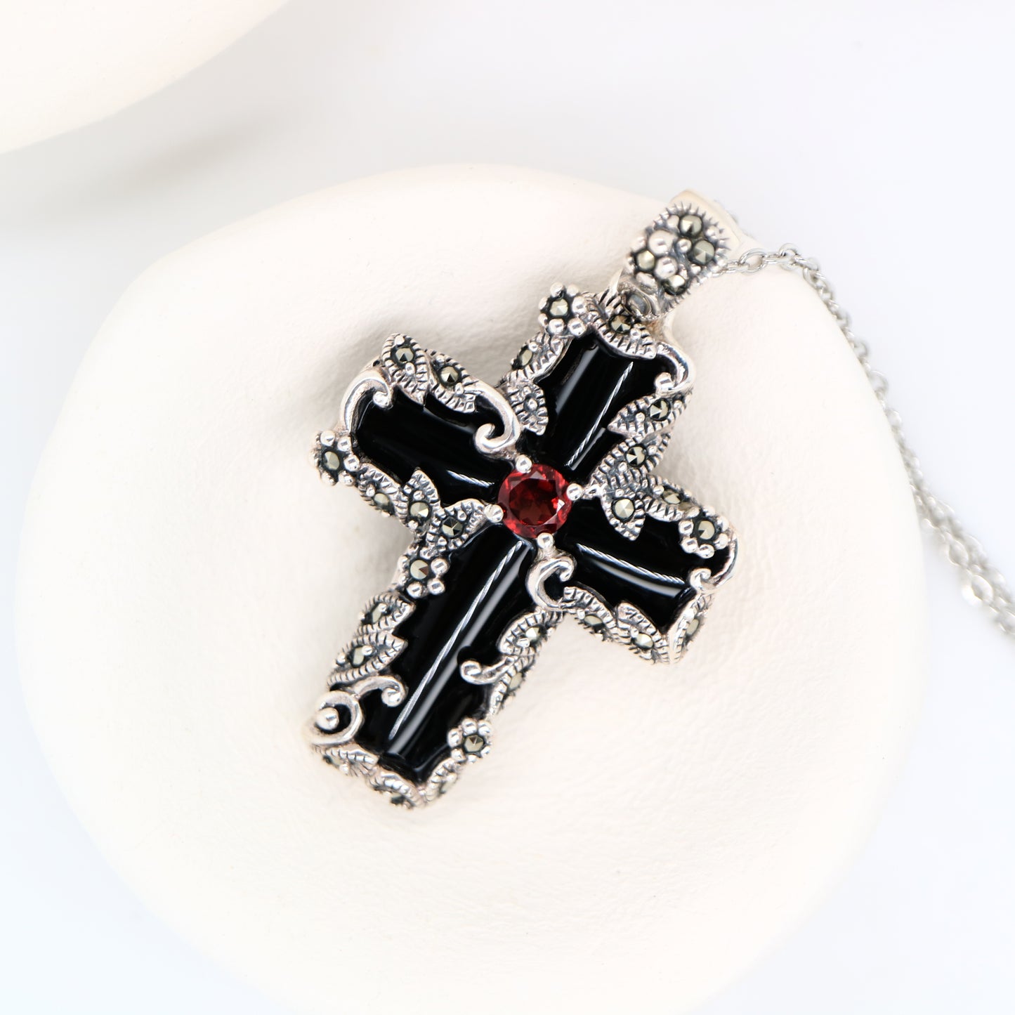 Gothic Cross Pendant in Onyx Marcasite Garnet and Sterling Silver
