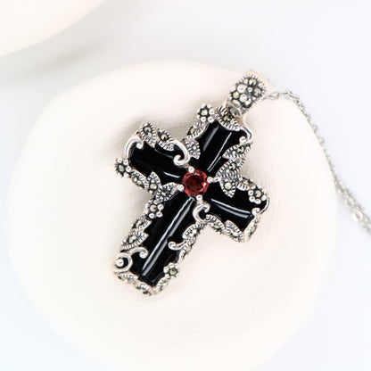 Gothic Cross Pendant in Onyx Marcasite Garnet and Sterling Silver