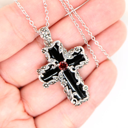 Gothic Cross Pendant in Onyx Marcasite Garnet and Sterling Silver