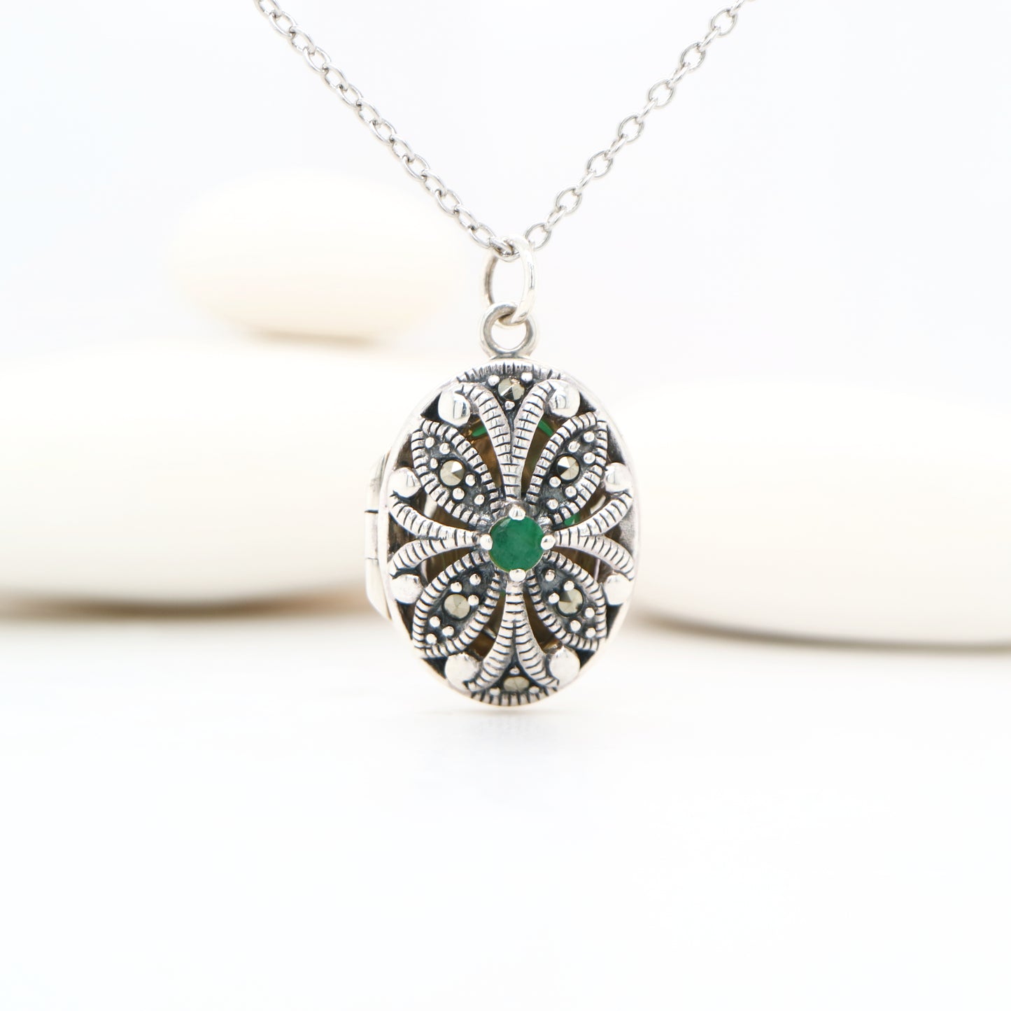 Flower Locket in Sterling Silver with Emerald and Marcasite