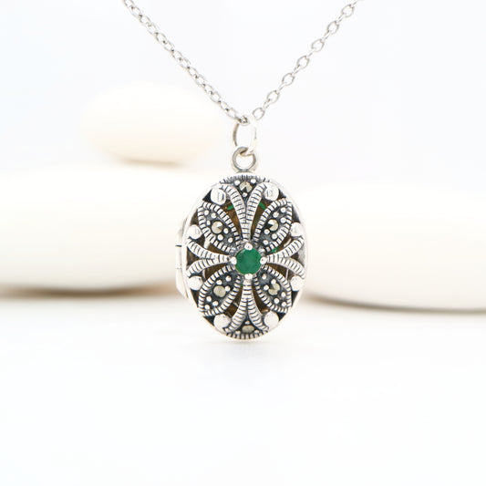 Flower Locket in Sterling Silver with Emerald and Marcasite