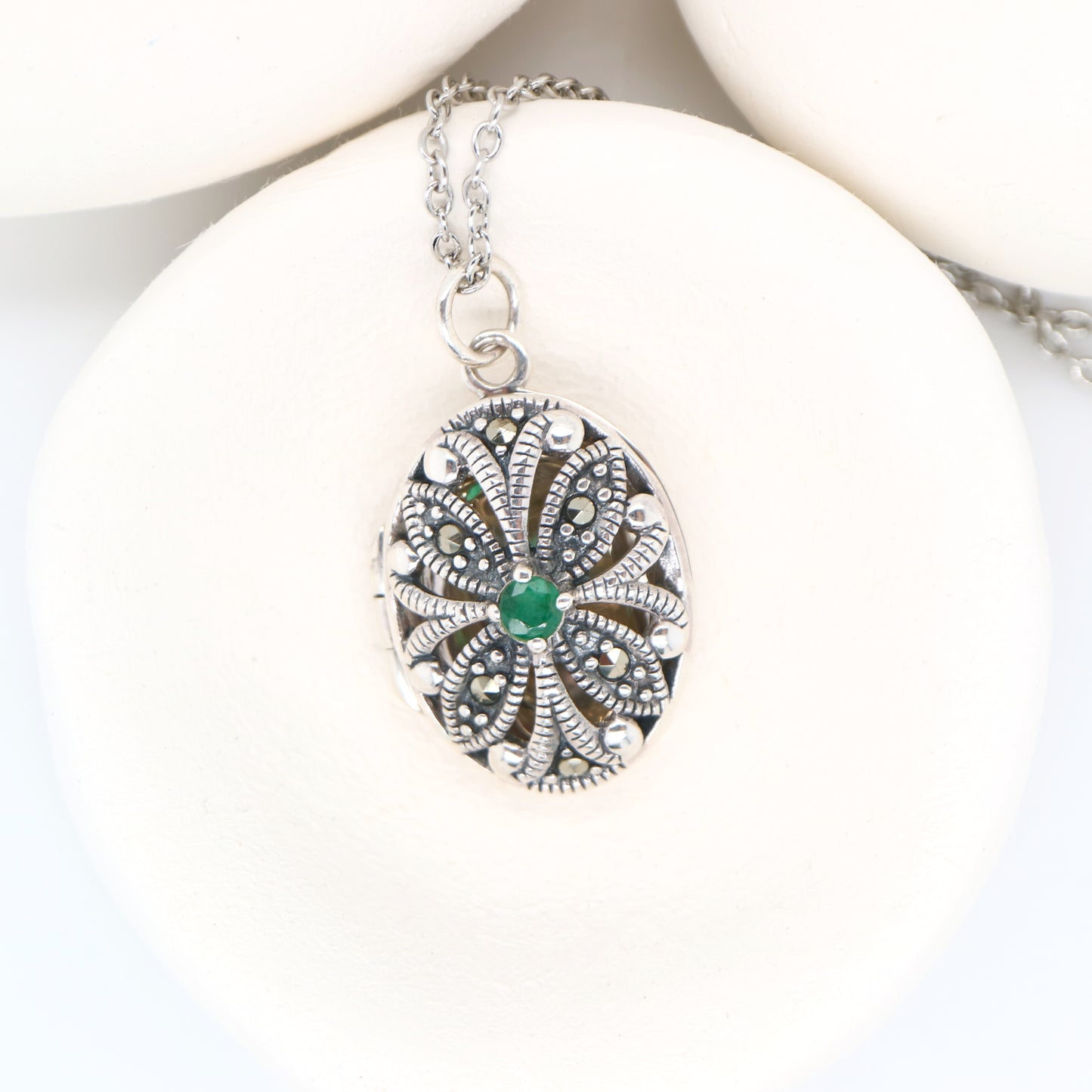 Flower Locket in Sterling Silver with Emerald and Marcasite