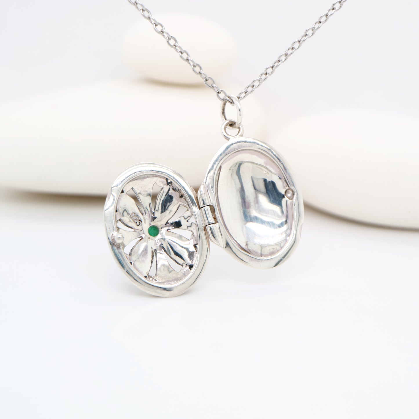 Flower Locket in Sterling Silver with Emerald and Marcasite