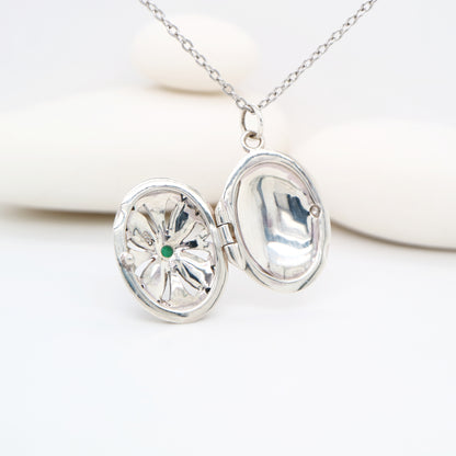 Flower Locket in Sterling Silver with Emerald and Marcasite