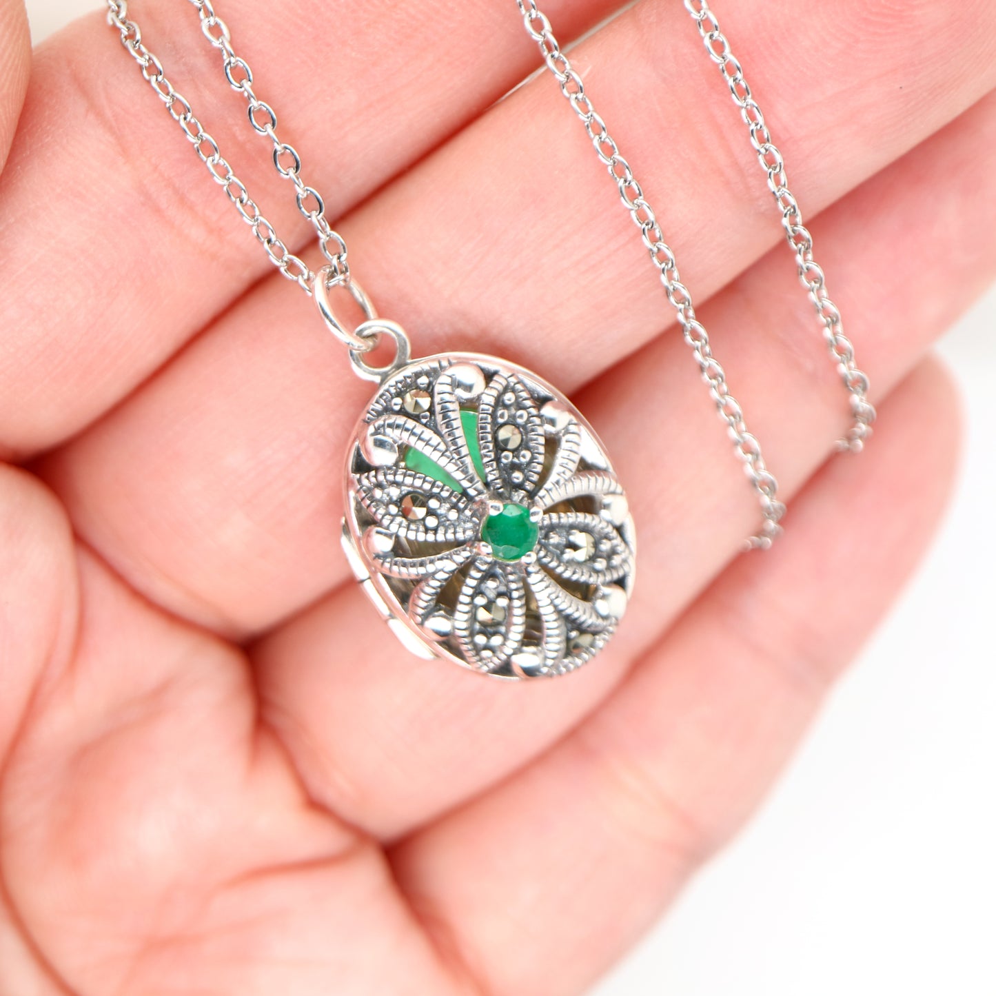 Flower Locket in Sterling Silver with Emerald and Marcasite