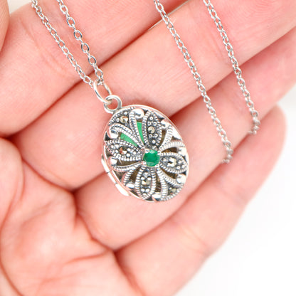 Flower Locket in Sterling Silver with Emerald and Marcasite