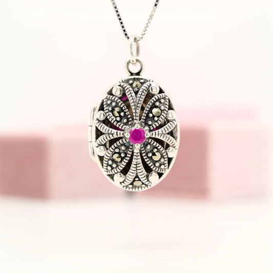 Flower Locket in Sterling Silver with Ruby and Marcasite