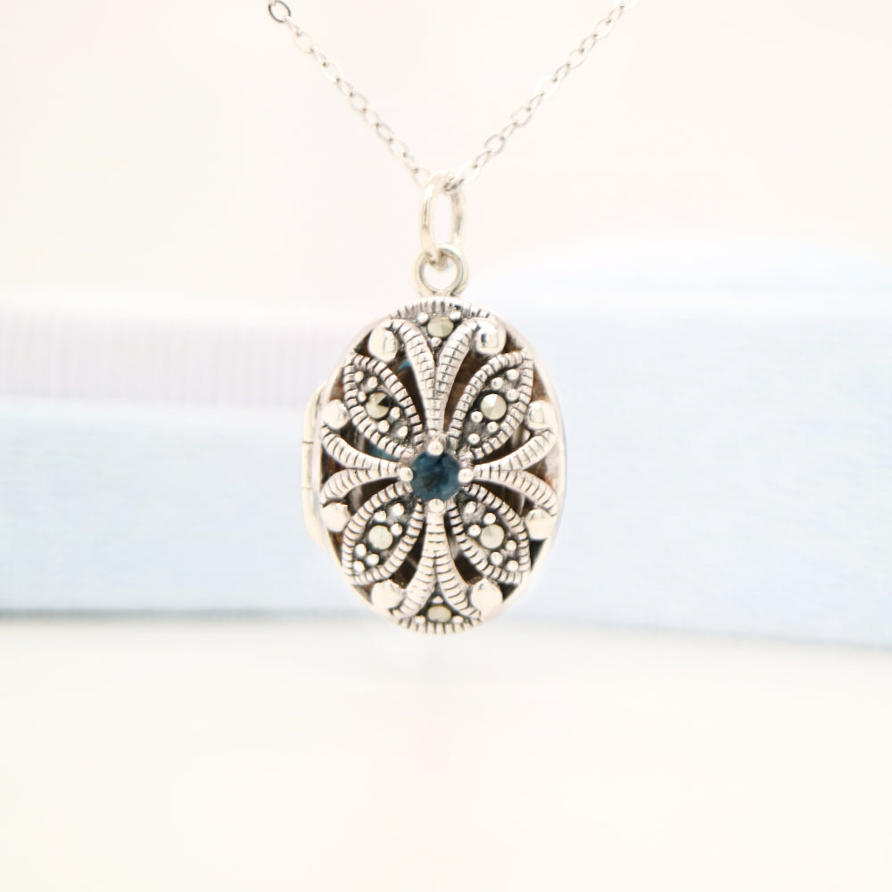 Flower Locket in Sterling Silver with Sapphire and Marcasite