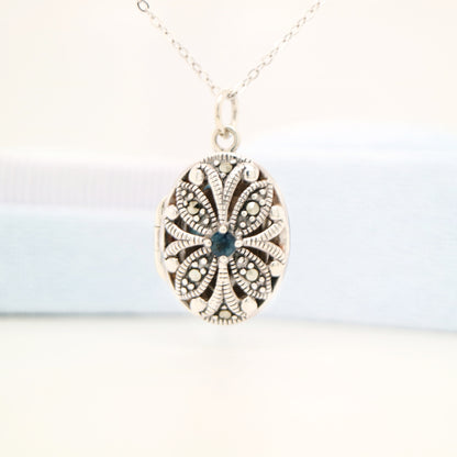 Flower Locket in Sterling Silver with Sapphire and Marcasite