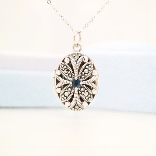 Flower Locket in Sterling Silver with Sapphire and Marcasite