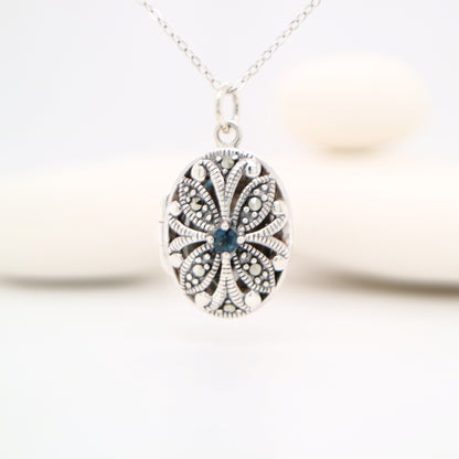 Flower Locket in Sterling Silver with Sapphire and Marcasite