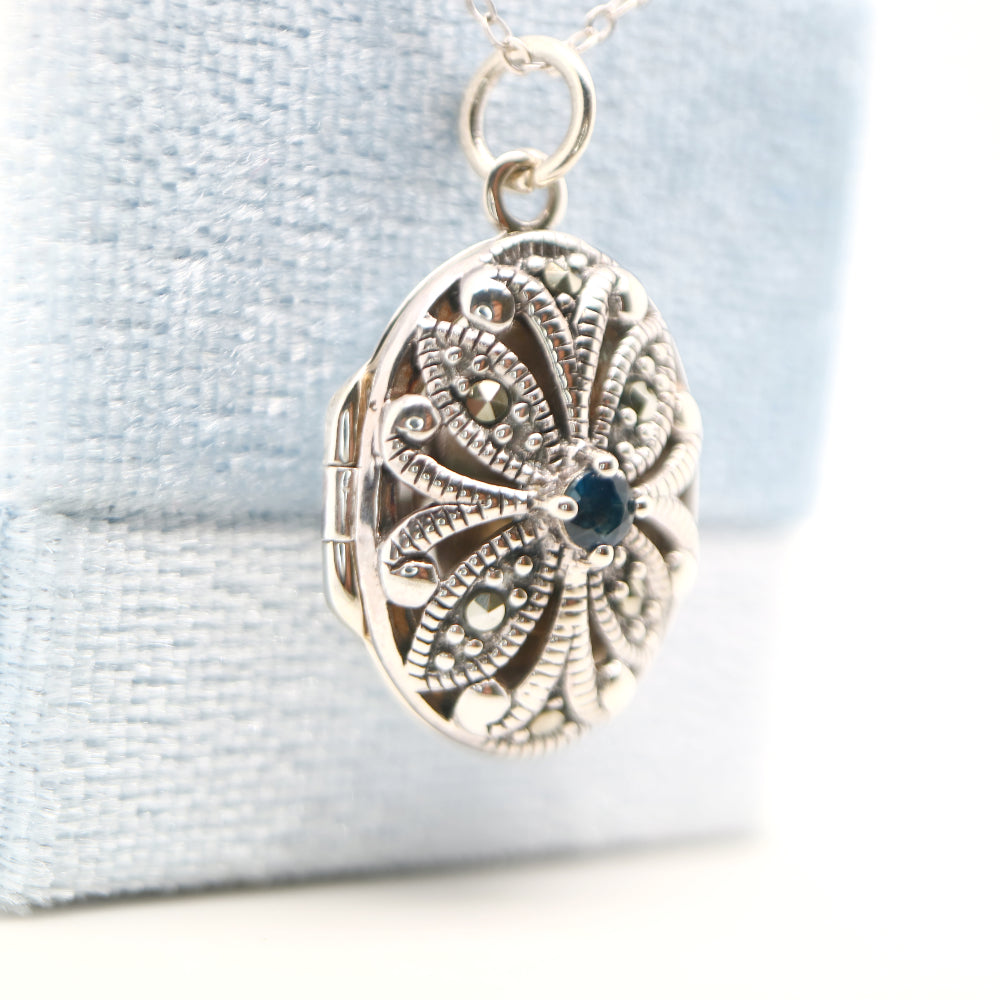 Flower Locket in Sterling Silver with Sapphire and Marcasite