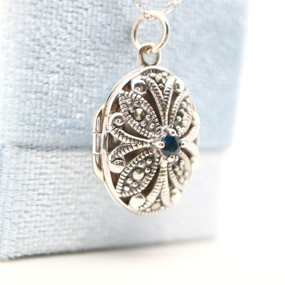 Flower Locket in Sterling Silver with Sapphire and Marcasite