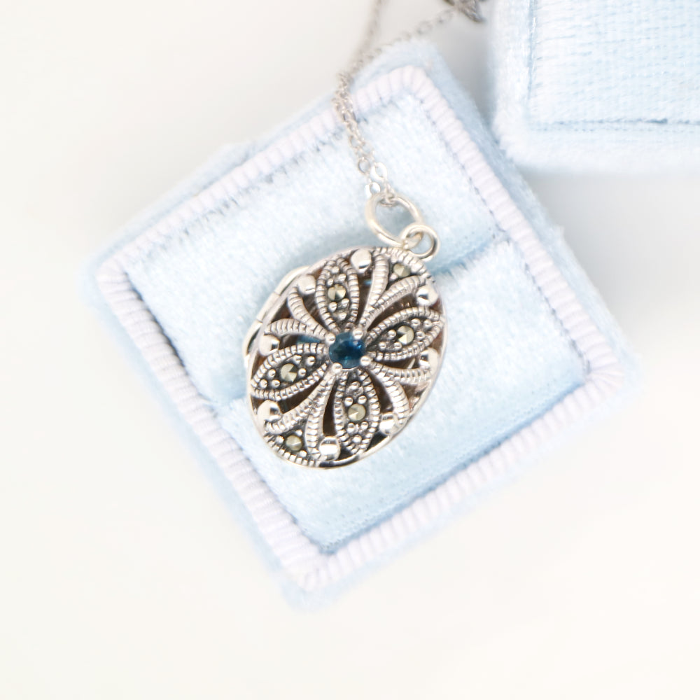 Flower Locket in Sterling Silver with Sapphire and Marcasite