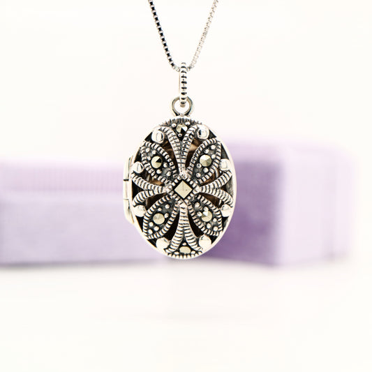 Flower Locket in Sterling Silver with Marcasite