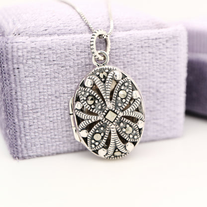 Flower Locket in Sterling Silver with Marcasite