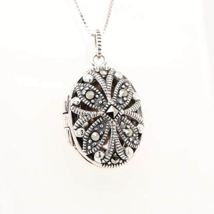 Flower Locket in Sterling Silver with Marcasite