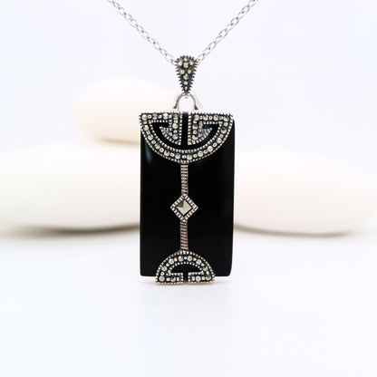 Art Deco Pendant in Black Onyx, Marcasite and Sterling Silver
