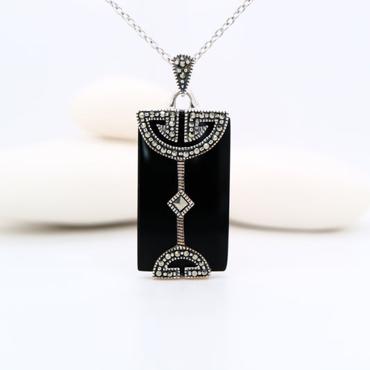 Art Deco Pendant in Black Onyx, Marcasite and Sterling Silver