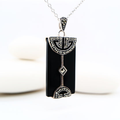 Art Deco Pendant in Black Onyx, Marcasite and Sterling Silver