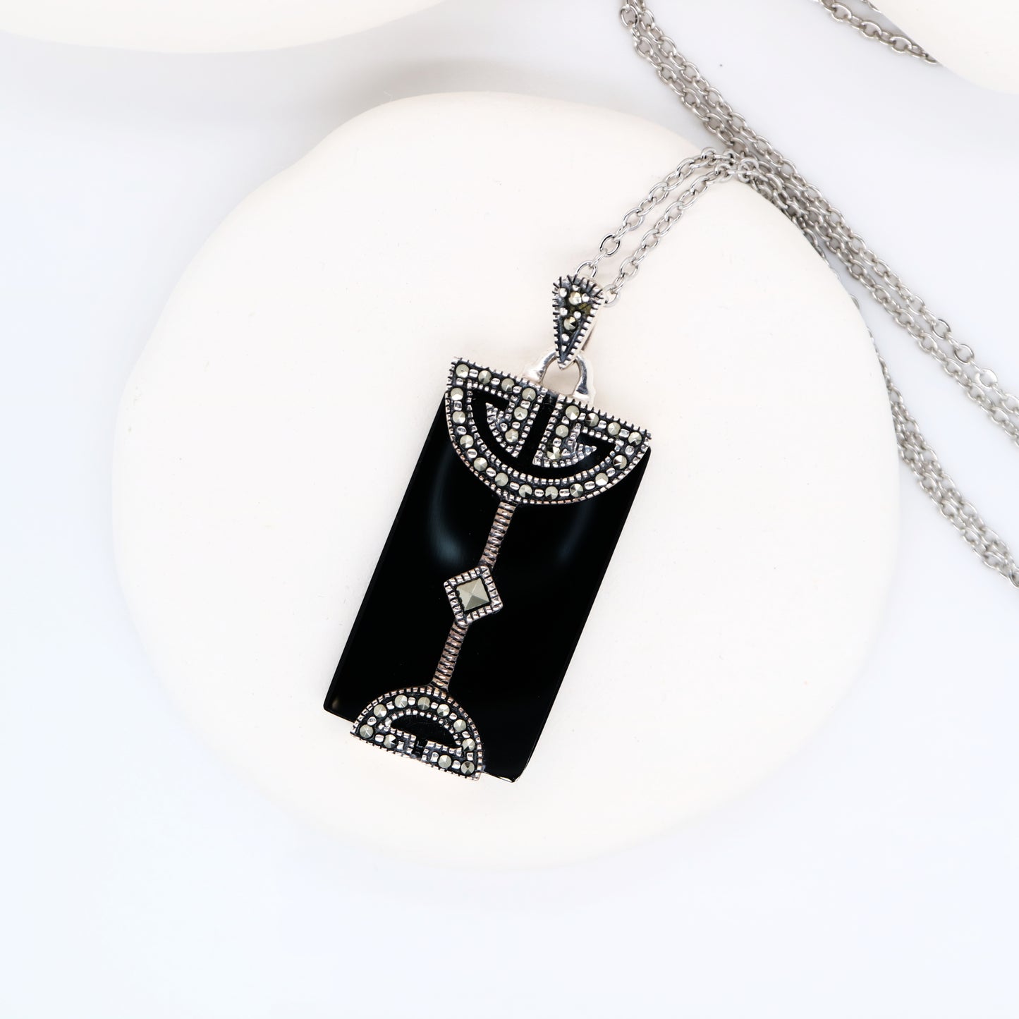 Art Deco Pendant in Black Onyx, Marcasite and Sterling Silver