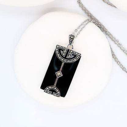 Art Deco Pendant in Black Onyx, Marcasite and Sterling Silver