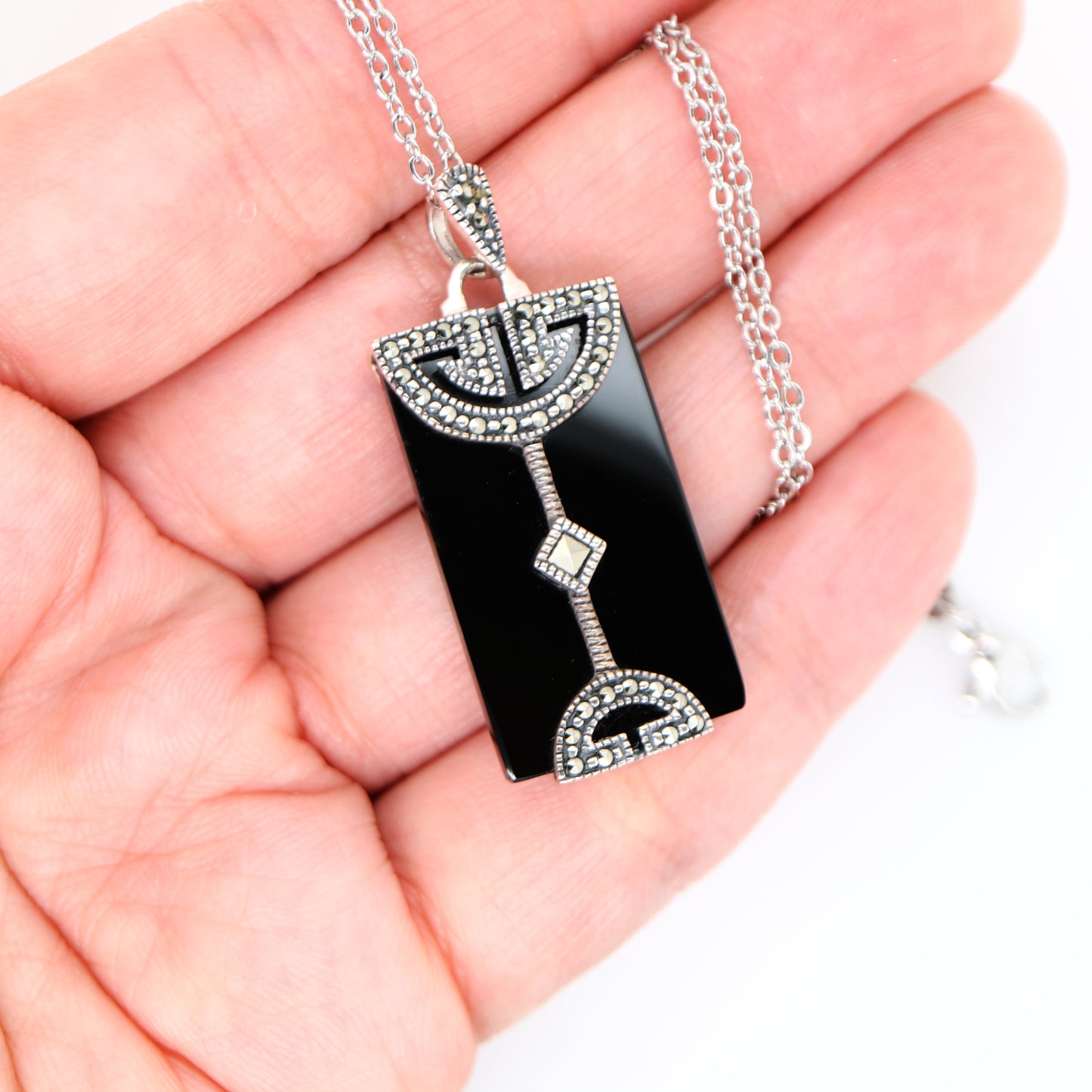Art Deco Pendant in Black Onyx, Marcasite and Sterling Silver
