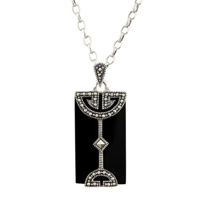 Art Deco Pendant in Black Onyx, Marcasite and Sterling Silver
