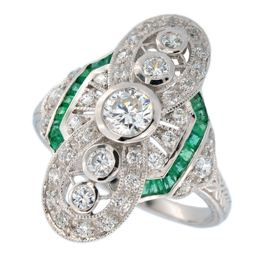 Art deco cocktail ring with cubic zirconia and Laboratory grown Emerald in sterling silver