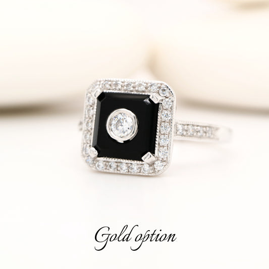 Square art deco style diamond and black onyx ring in white gold