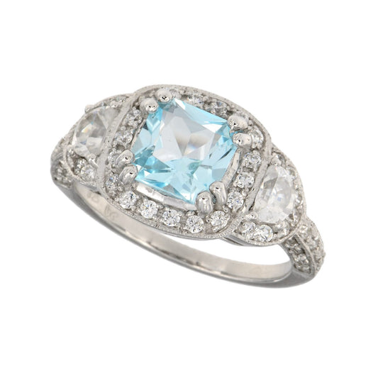 Vintage trilogy halo ring with blue topaz and cz in sterling silver