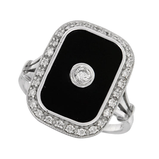 Art deco diamond and black onyx ring in solid white gold